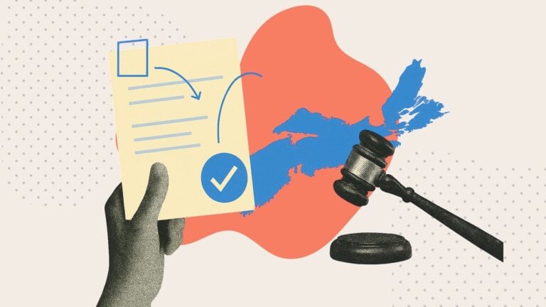 An illustration showing a hand holding a legal text next to a gavel and the outline of Nova Scotia