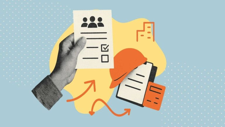 An illustration showing a hand holding a flyer for a construction company