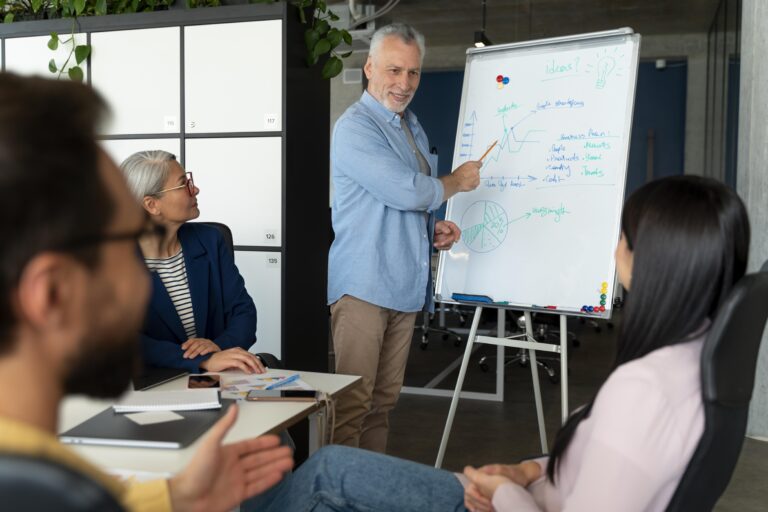 people working as a team with a white board