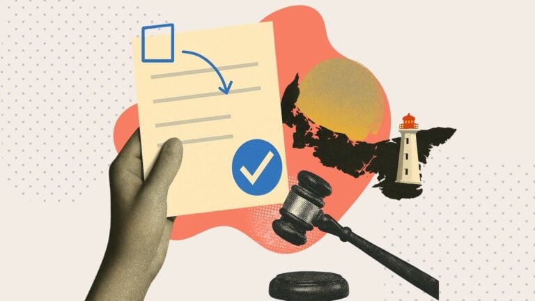 An illustration showing a hand holding a legal text next to a gavel and the outline of Prince Edward Island