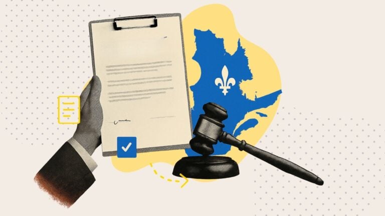 An illustration showing a hand holding a legal text next to a gavel and the outline of Quebec
