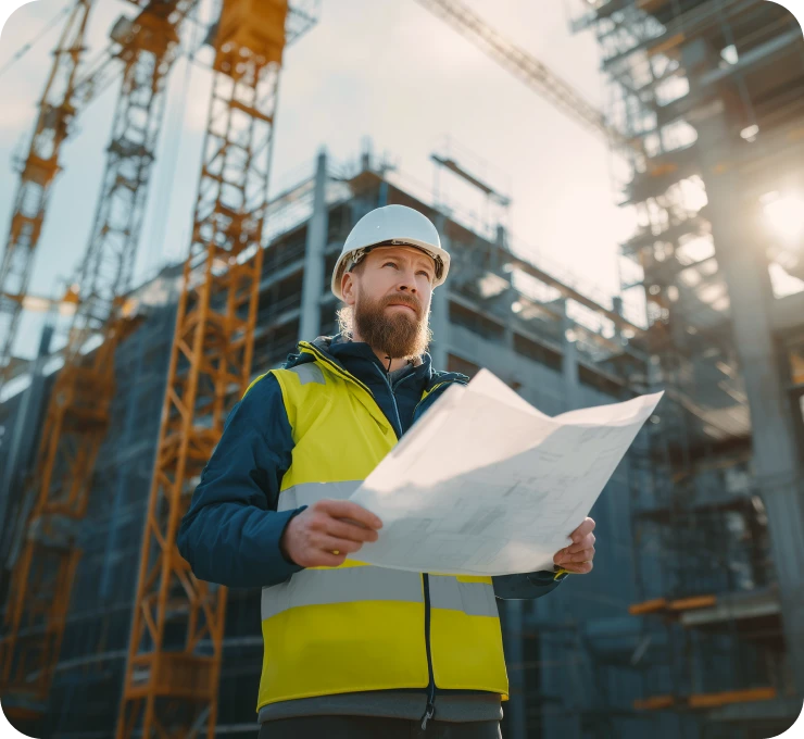 Construction worker reviewing blueprints at building site.