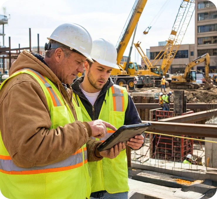 Two construction workers reviewing tablet at job site.