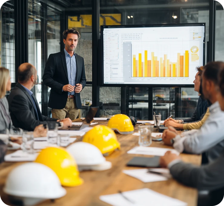 Professional presenting construction charts in conference room.