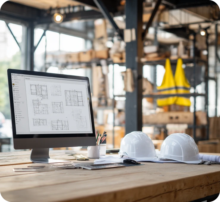 Computer showing architectural plans with hard hats on desk.