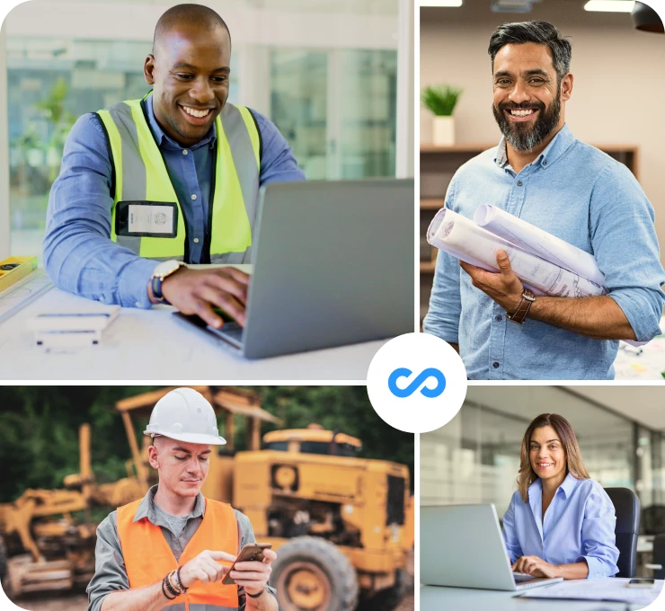 Collage of diverse construction professionals with infinity symbol.