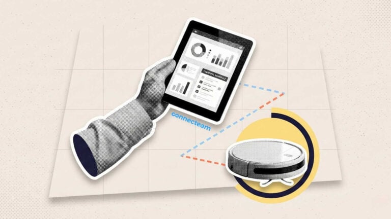 Illustration showing a manager’s hand with a tablet, Connecteam, and a cleaning robot.