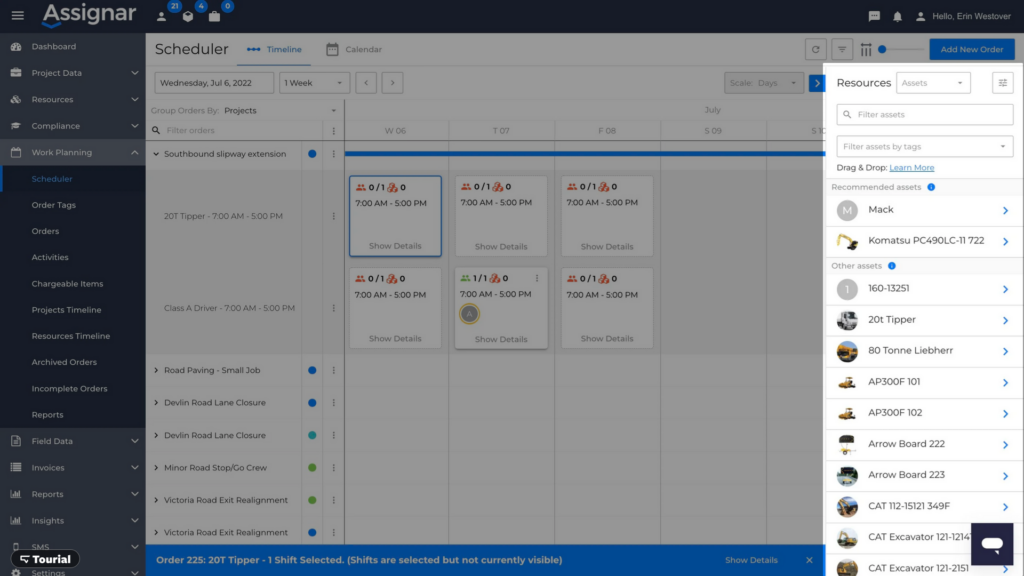 Screenshot of the Assignar Scheduler view showing a list of available equipment.