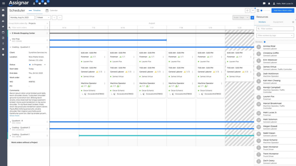 Screenshot of Assignar&rsquo;s Scheduler view, where you can see your upcoming jobs for the week, month, and beyond.