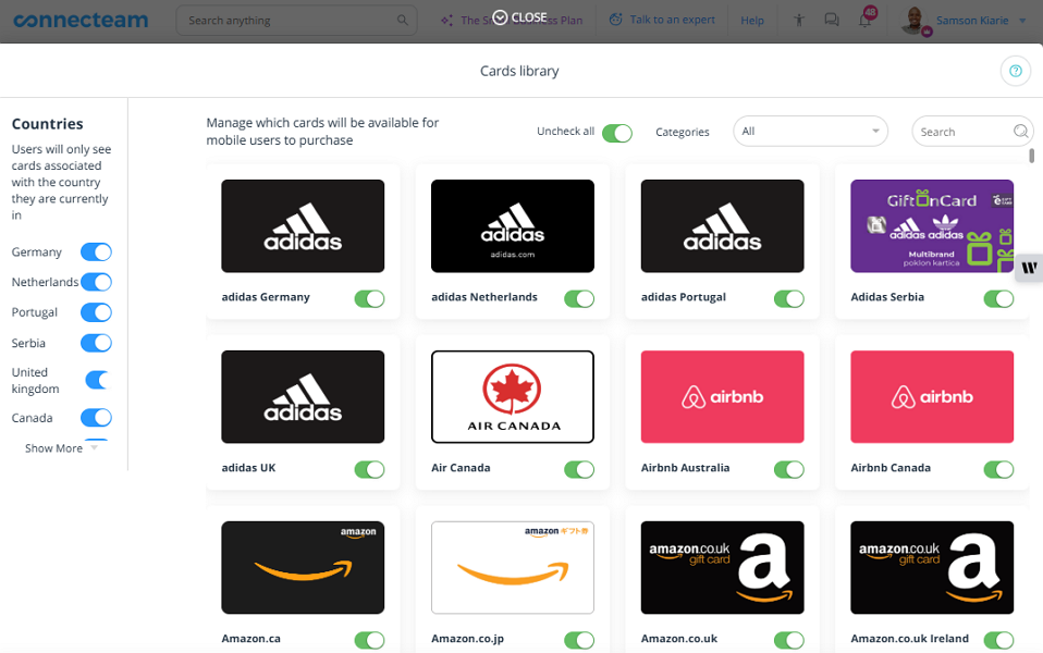 Screenshot showing Connecteam gift card options.