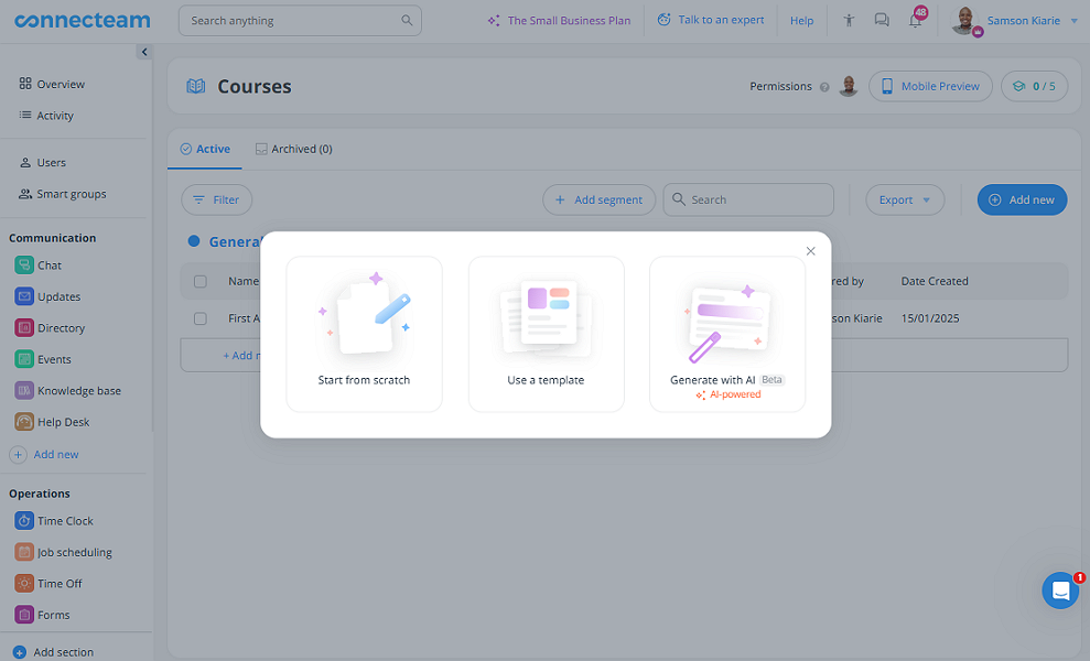Screenshot showing Connecteam course creation options