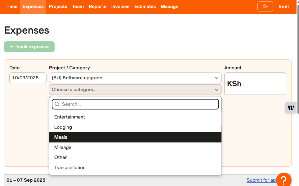 Screenshot showing Harvest’s Expenses page.