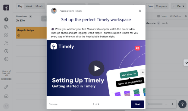 Screenshot showing Timely’s onboarding video.