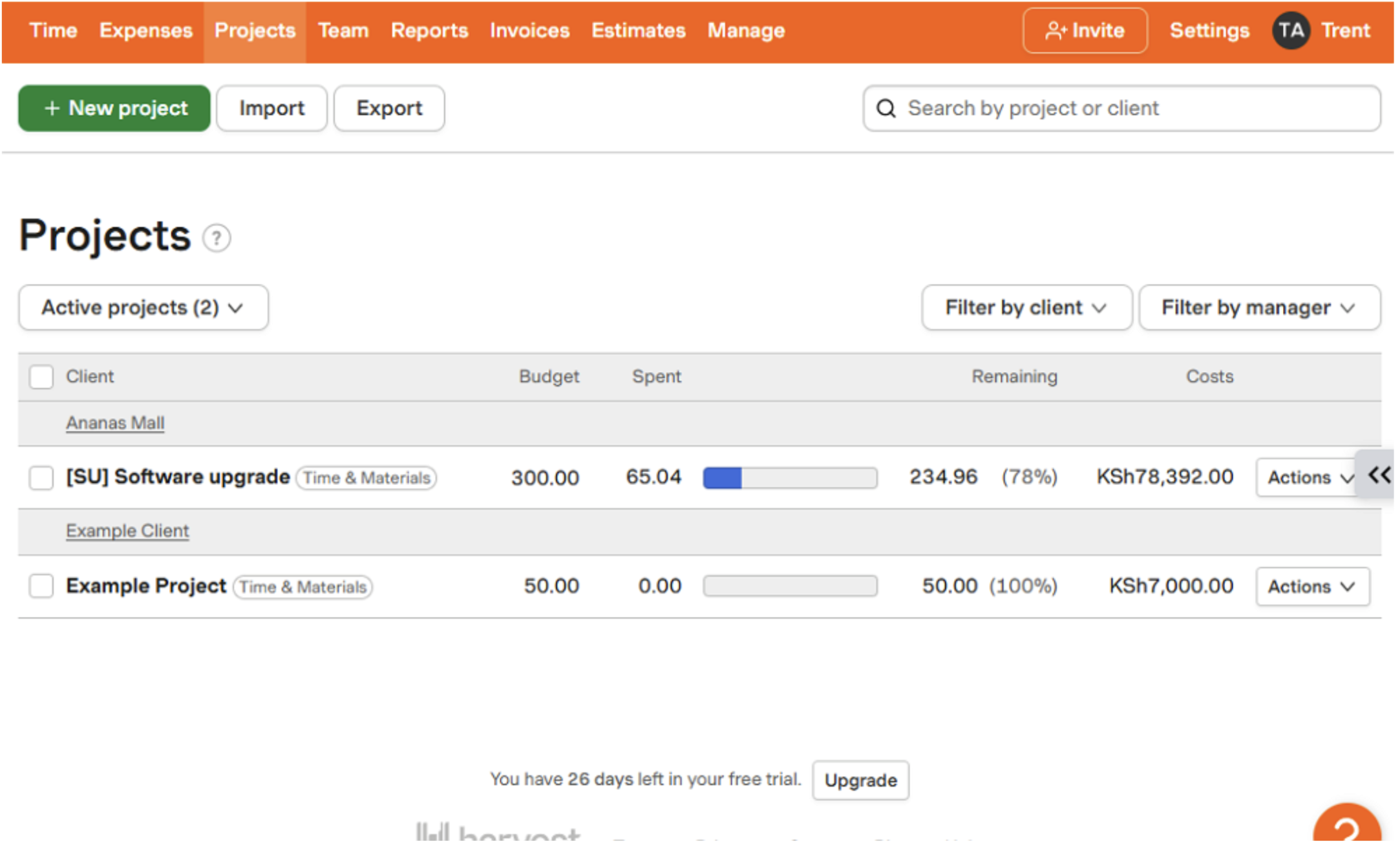 Screenshot showing Harvest’s projects page.