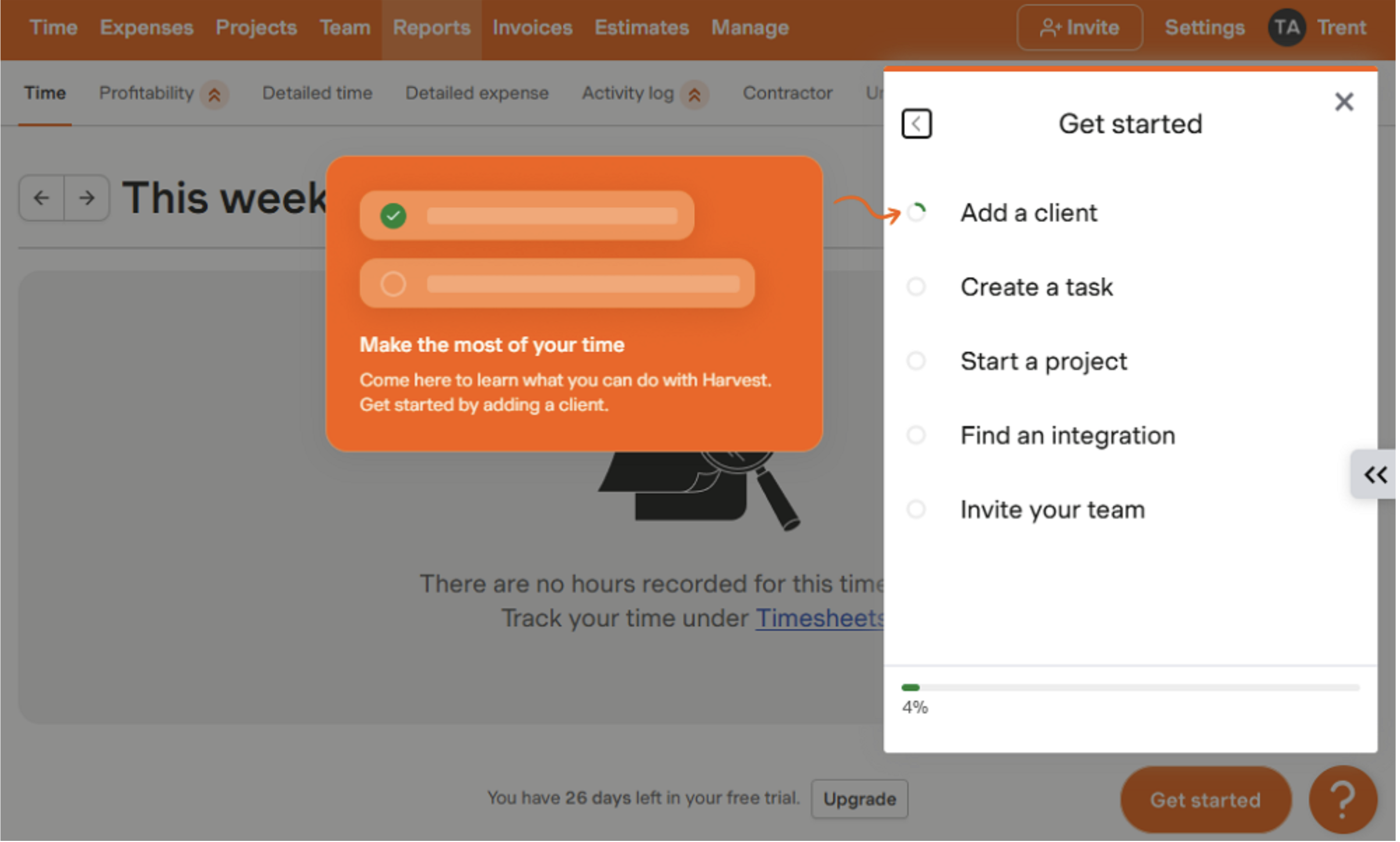 Screenshot showing the Harvest get-started wizard.