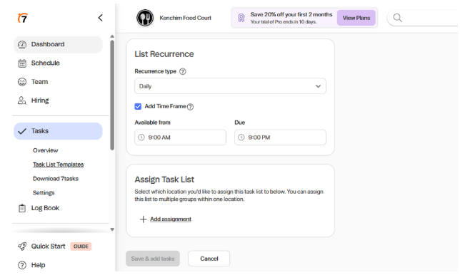 Screenshot showing 7Shifts&rsquo; task creation page.