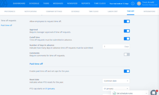 Screenshot showing Sling&rsquo;s time-off settings page.