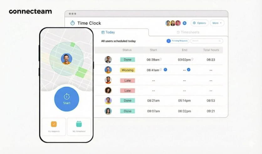 An illustration showing the Connecteam time clock.