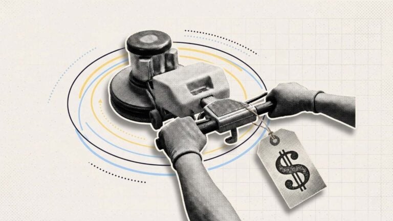 An illustration showing a pair of hands operating an industrial floor cleaner with a price tage hanging from the handle