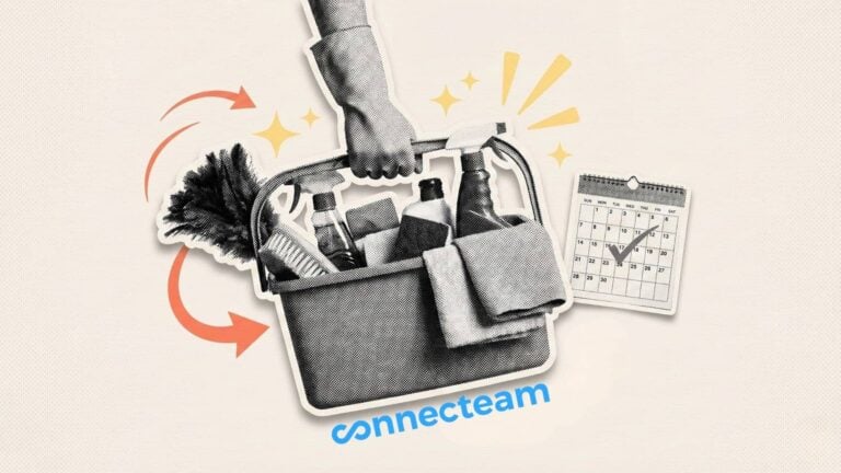 Illustration showing a hand holding cleaning supplies over the Connecteam logo