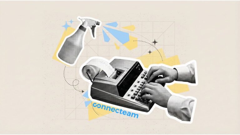 Illustration showing an old-fashioned mechanical calculator and a spray bottle over Connecteam’s logo