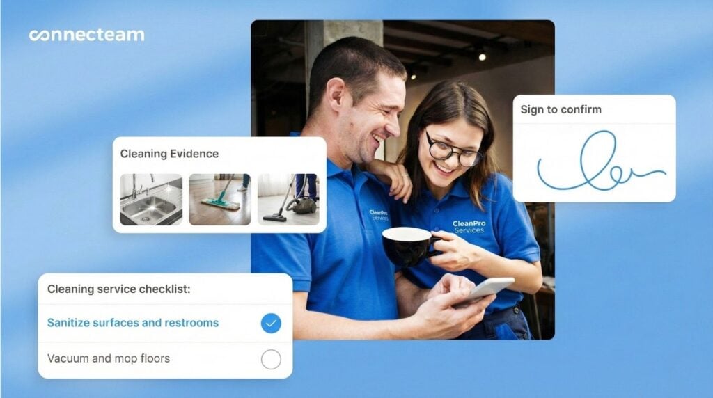 Illustration showing two smiling cleaning employees going over their checklist.