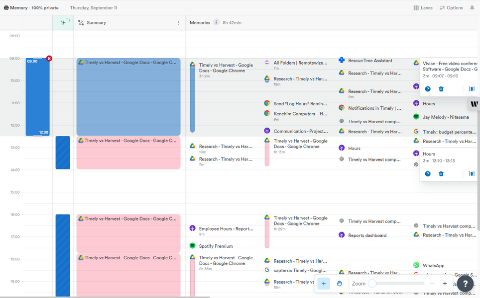Screenshot showing Timely’s timesheet with details of desktop activities.