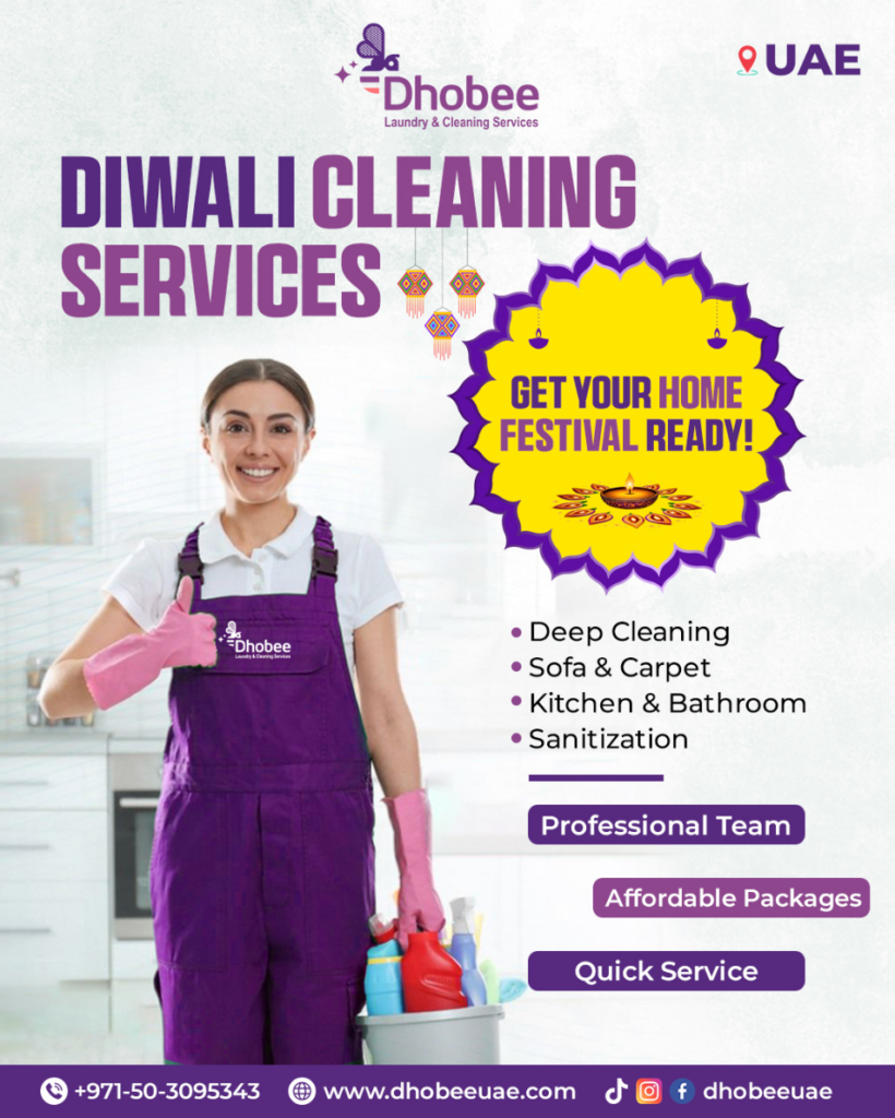 Cleaner in a purple uniform promoting Diwali home cleaning, with festive colors and a service list. 