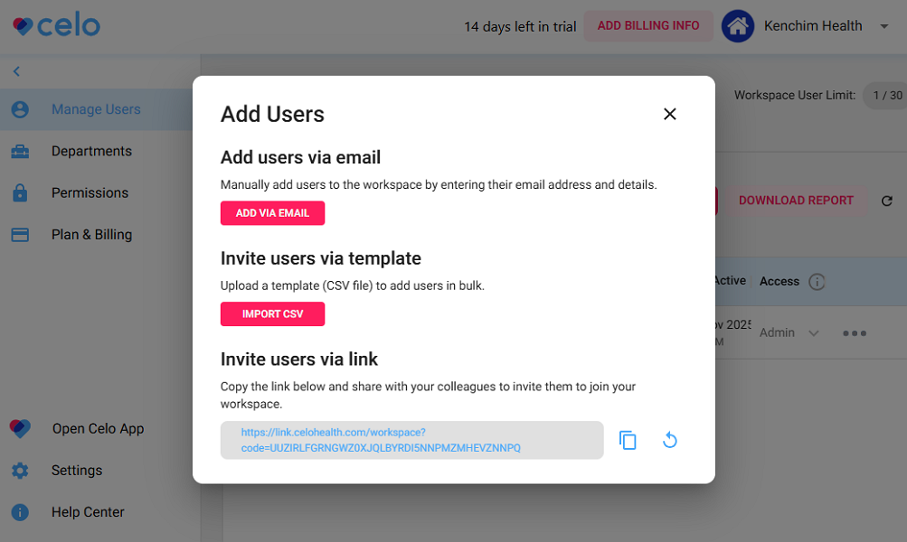Screenshot showing Celo’s user invite options.