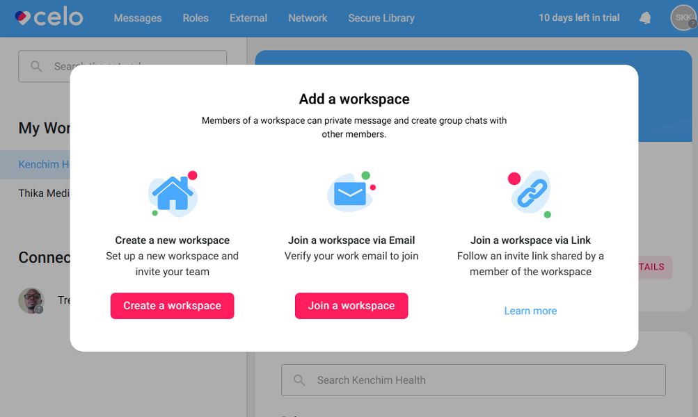Screenshot showing Celo’s add a workspace options.