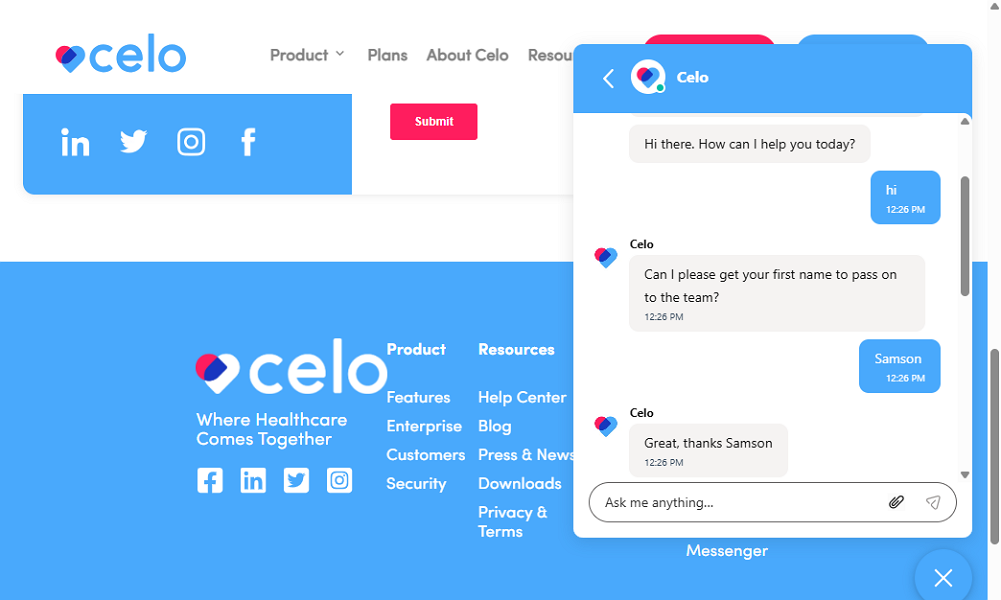 Screenshot showing Celo’s live chat feature.