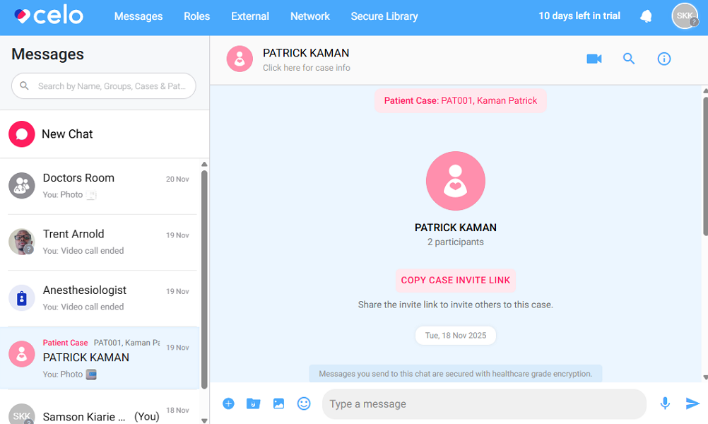 Screenshot showing Celo’s patient case channel.