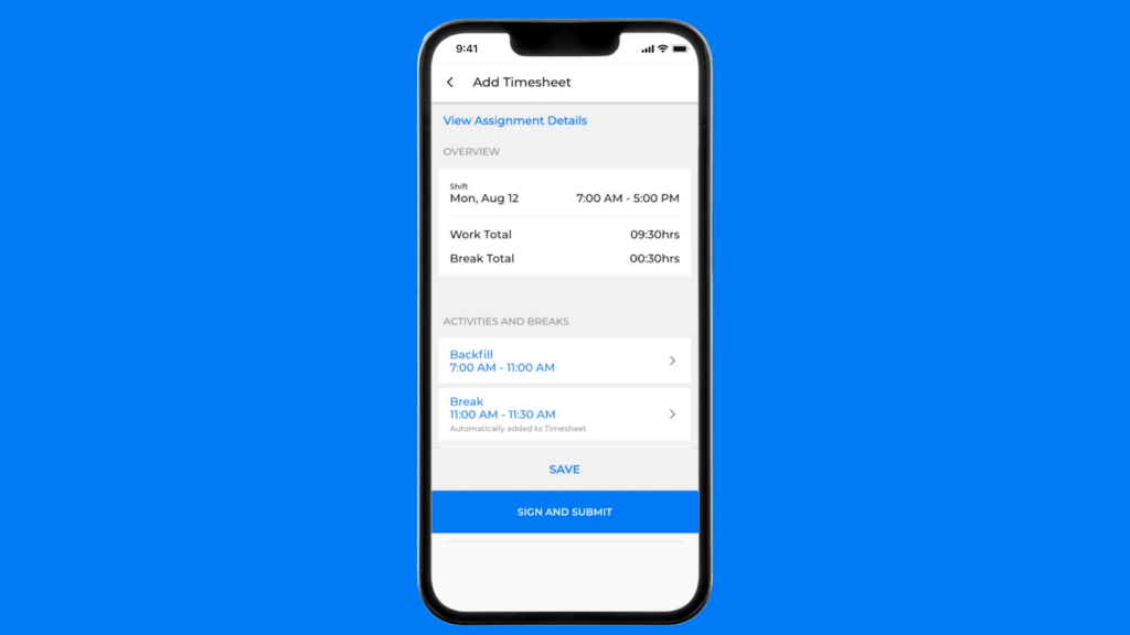Screenshot of Assignar&rsquo;s mobile interface showing the Add Timesheet page.