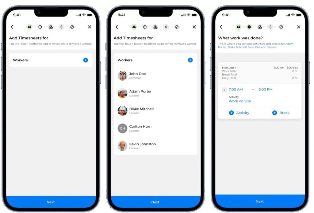 Three screenshots of the Assignar mobile app showing the interface supervisors can use to add a daily site diary.