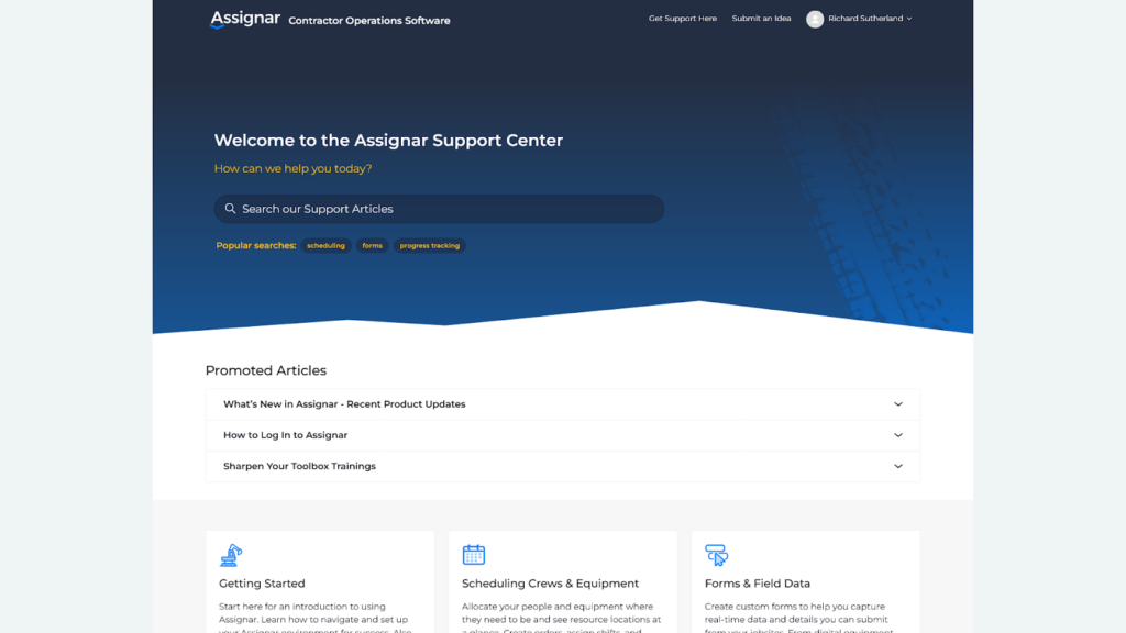 Screenshot of Assignar&rsquo;s customer support website showing a search bar and promoted articles.