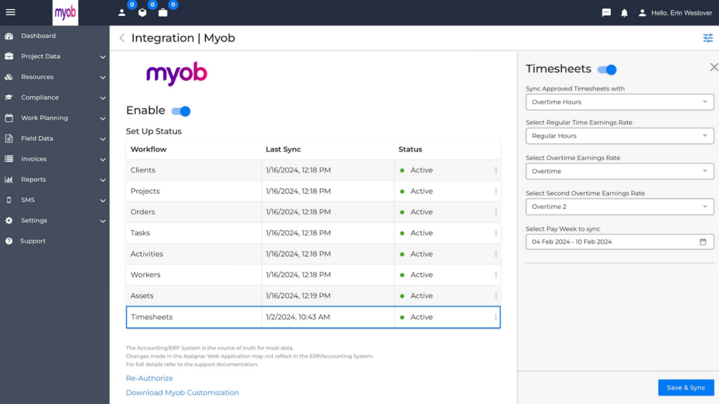 Screenshot of the MYOB integration settings pages on Assignar.
