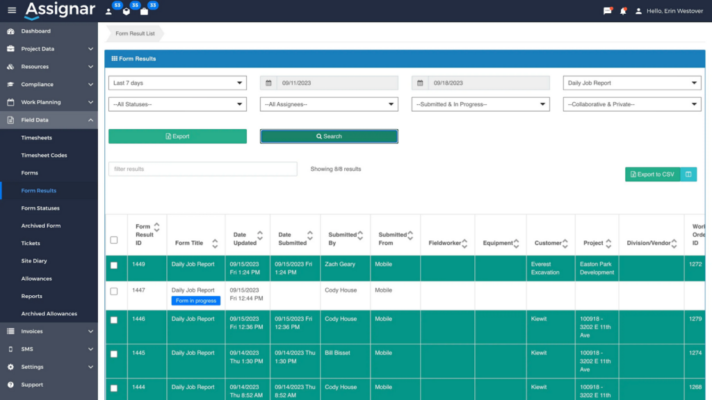 Screenshot of Assignar&rsquo;s digital form result page, showing results in a table format.