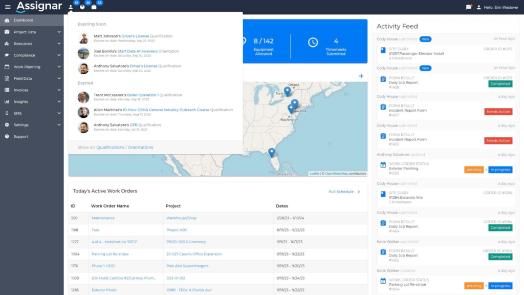 Screenshot of Assignar's dashboard interface showing notification icons at the top of the page.