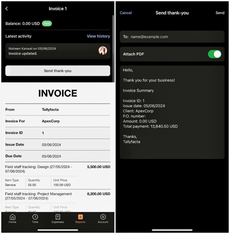 Screenshot of Harvest’s mobile invoice dashboard.