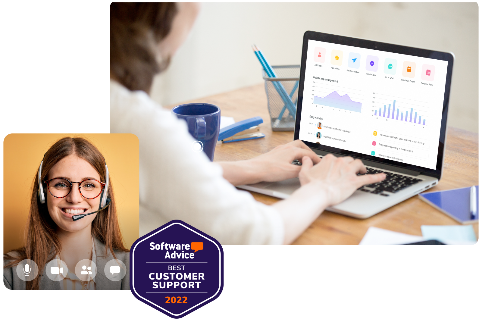 Customer support representative and analytics dashboard, featuring Software Advice Best Customer Support 2022 badge.