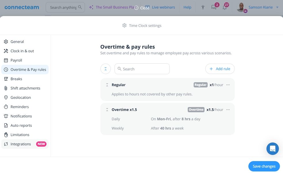  Screenshot showing Connecteam&rsquo;s overtime settings page. 