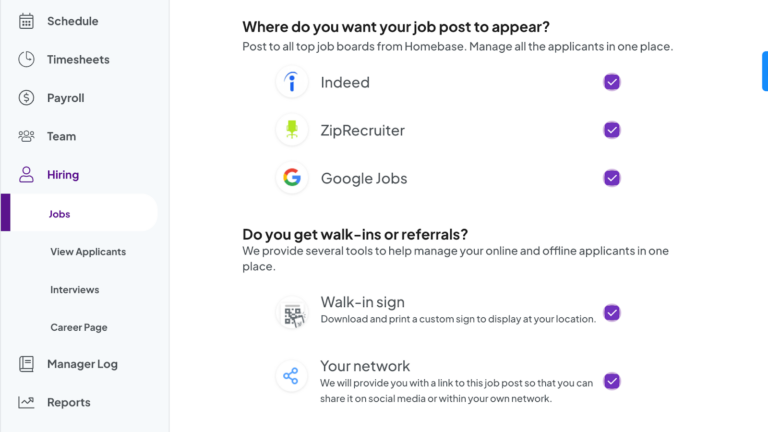 Screenshot showing Homebase jobs page.