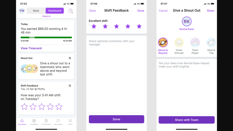 Screenshot showing Homebase Shout-outs page.