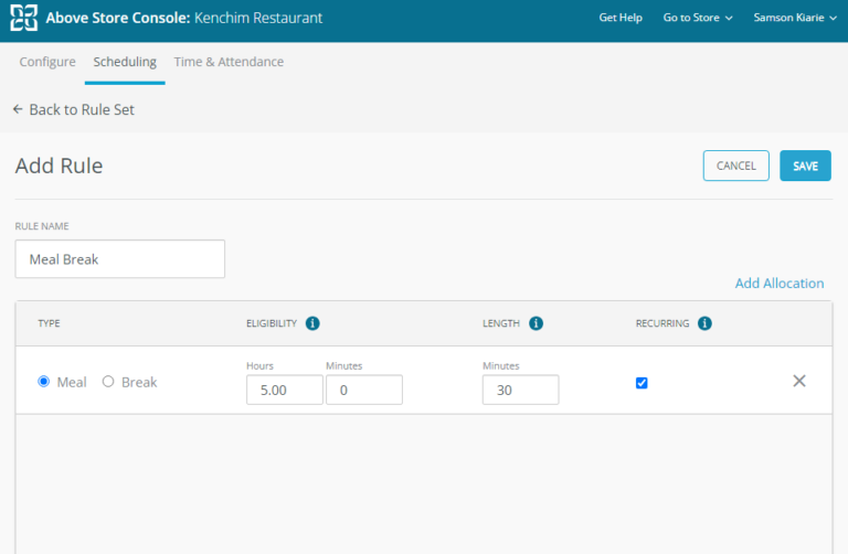 Screenshot showing HotSchedules&rsquo; break settings page
