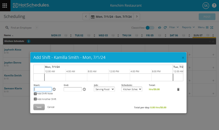 Screenshot showing HotSchedules scheduling page.