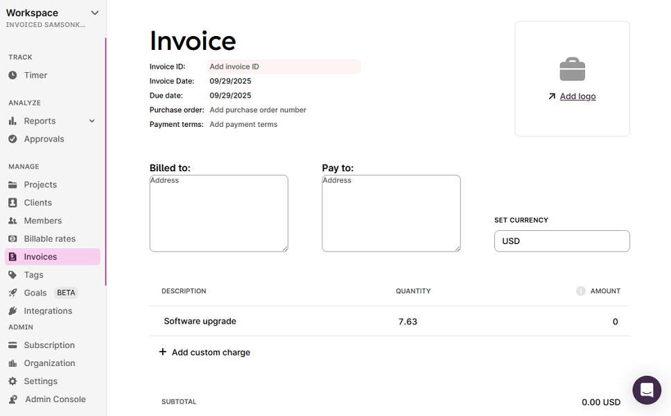 Screenshot showing Toggl Track&rsquo;s invoicing feature.  