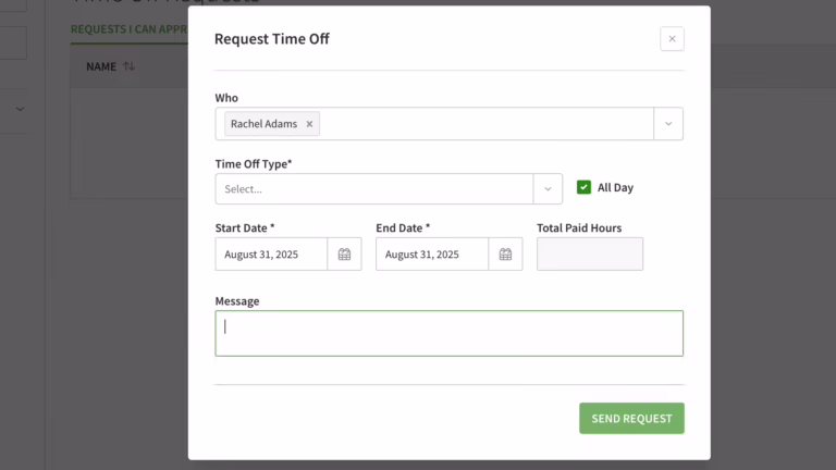 Screenshot showing the When I Work time-off request form.