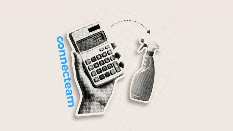 Illustration showing a calculator, a spray bottle, and the Connecteam logo