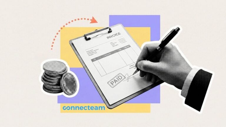 Illustration showing a hand signing an invoice over the Connecteam logo