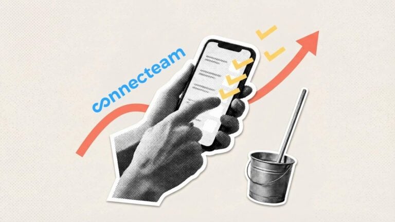 Illustration showing a pair of hands using a digital checklist with an upward trend line in the background and the Connecteam logo